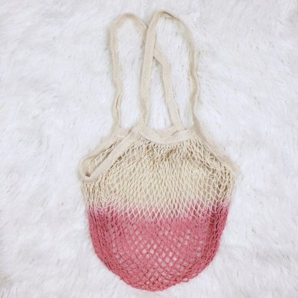 Crochet Boho Ombre Mesh Tote Bag Color Gradient Pink Cream